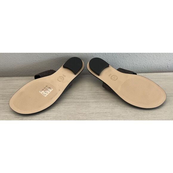 Michael Kors Brown Signature Sandals Slides Sz 6.5 Gold MK Big Toe Strap - Picture 6 of 8